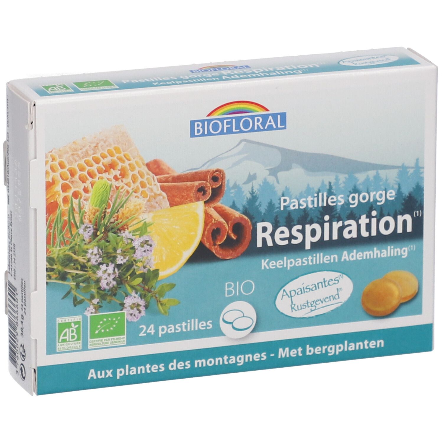 Boîte de pastilles. Inscriptions: BIOFLORAL, Pastilles gorge Respiration, 24 pastilles, label BIO, rayon de miel, citron, cannelle.