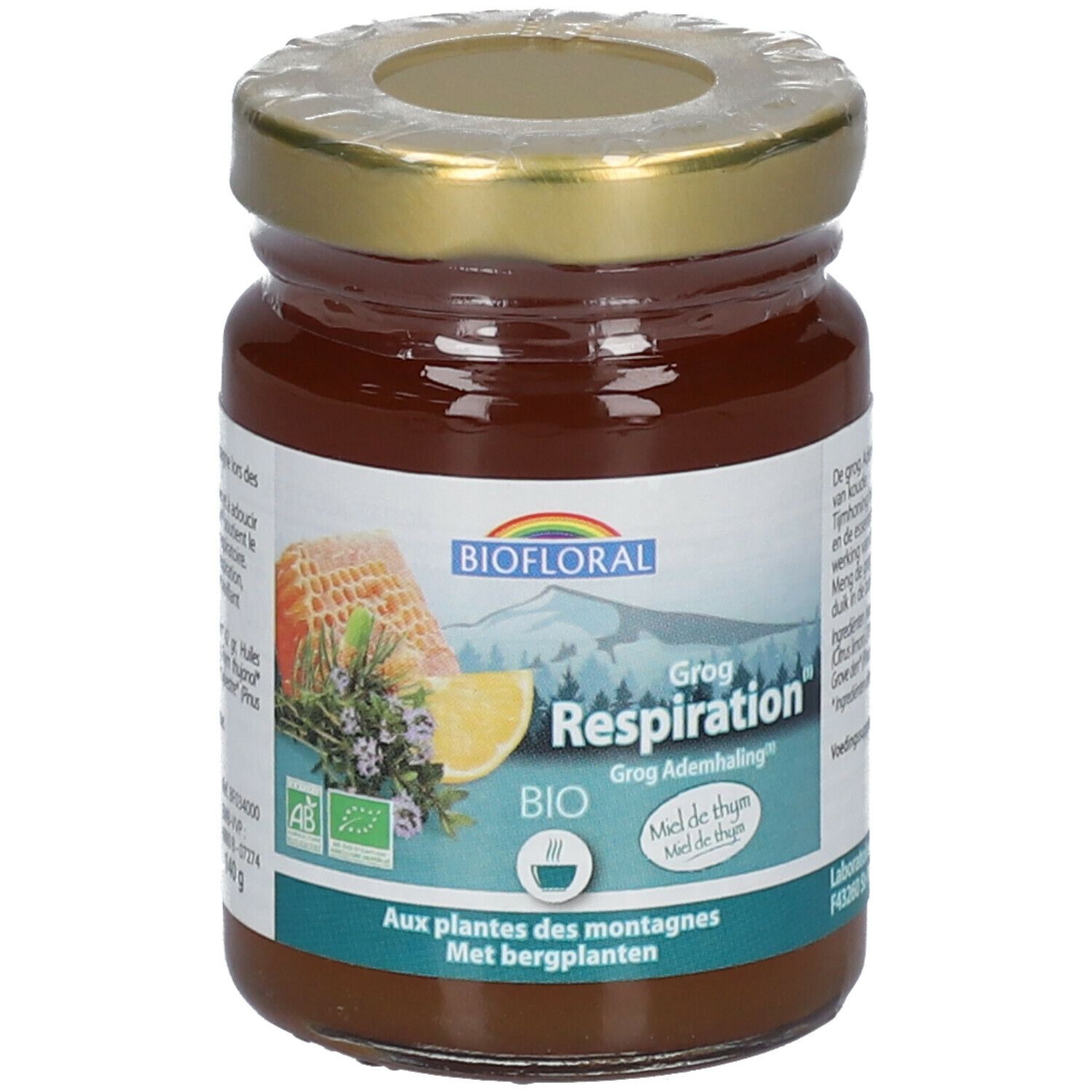 Pot en verre avec liquide brun, couvercle doré. Étiquette avec logo Biofloral, texte Grog Respiration Bio, illustrations.