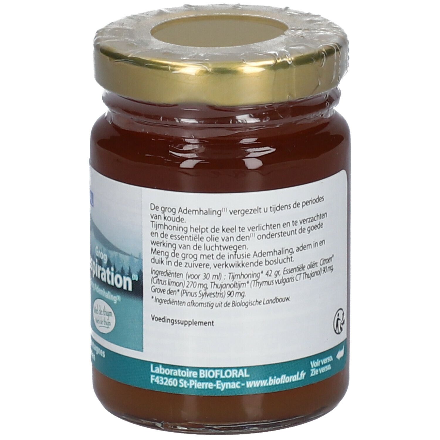 Pot en verre avec liquide brun, couvercle doré. Étiquette avec texte, label bio, informations fabricant.