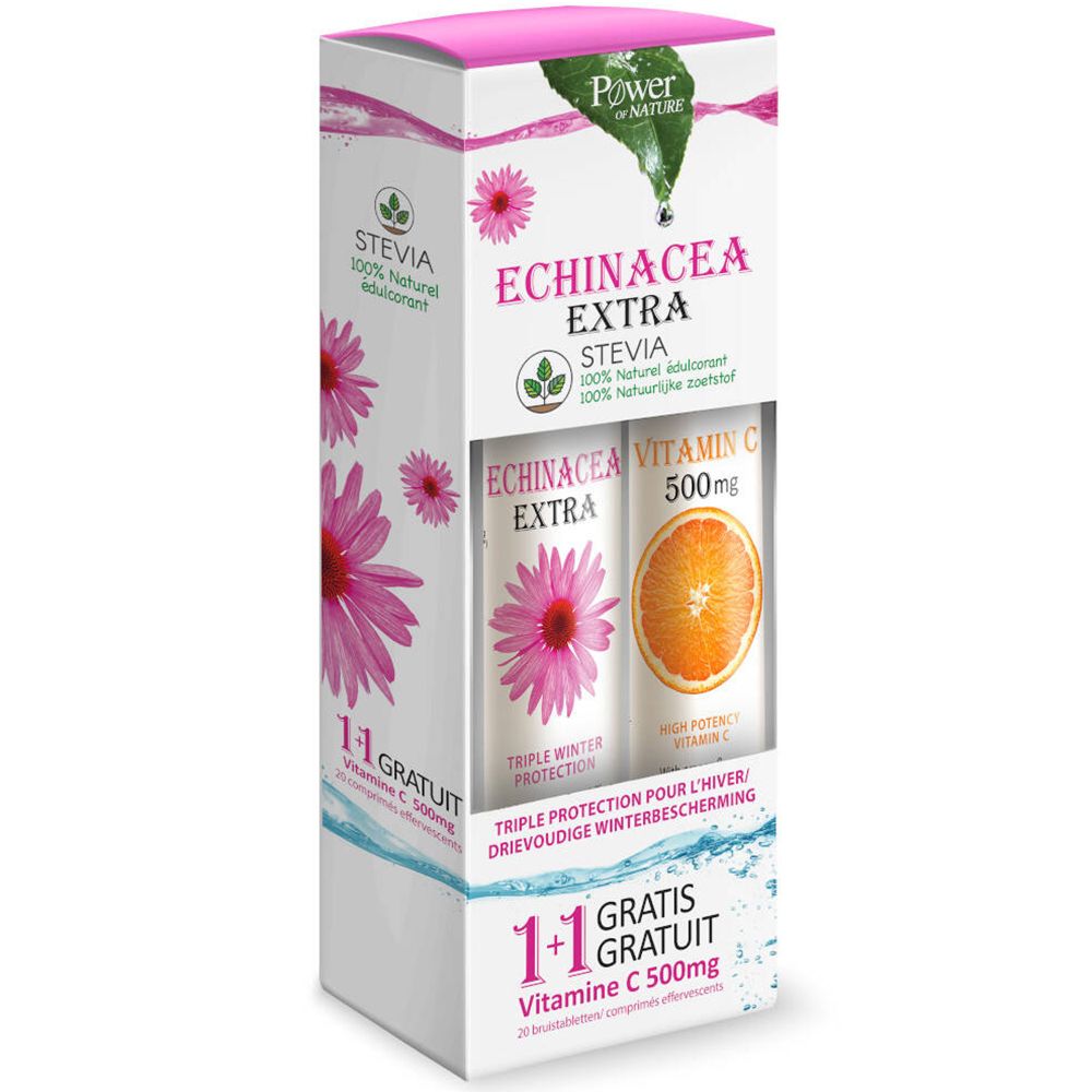 Boîte avec deux tubes. Inscription: Echinacea Extra, Vitamine C 500mg. 1+1 gratuit. Emballage rose et blanc.