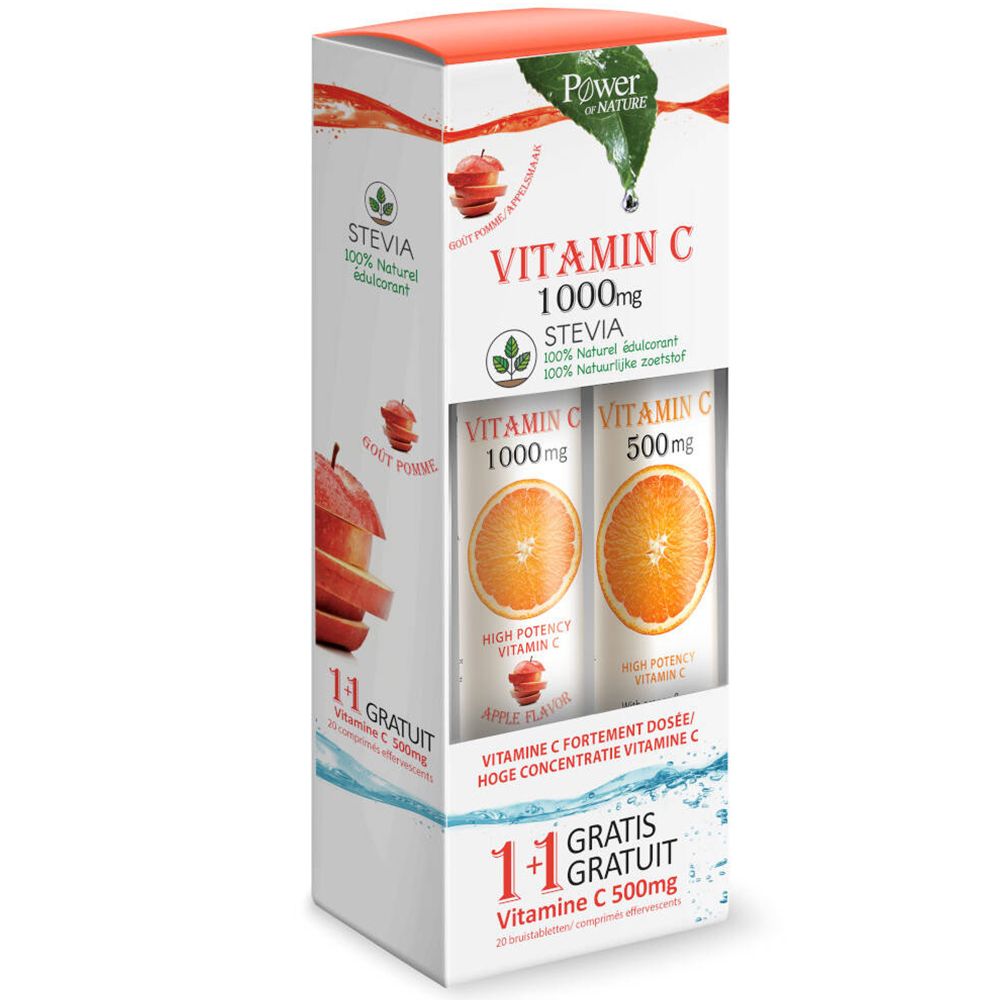 Power of Nature Vitamine C 1000 mg avec Stévia + Vitamine C 500 mg Goût Pomme