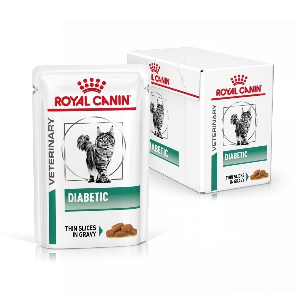 Un sachet et une boîte de nourriture Royal Canin Veterinary Diabetic pour chats.