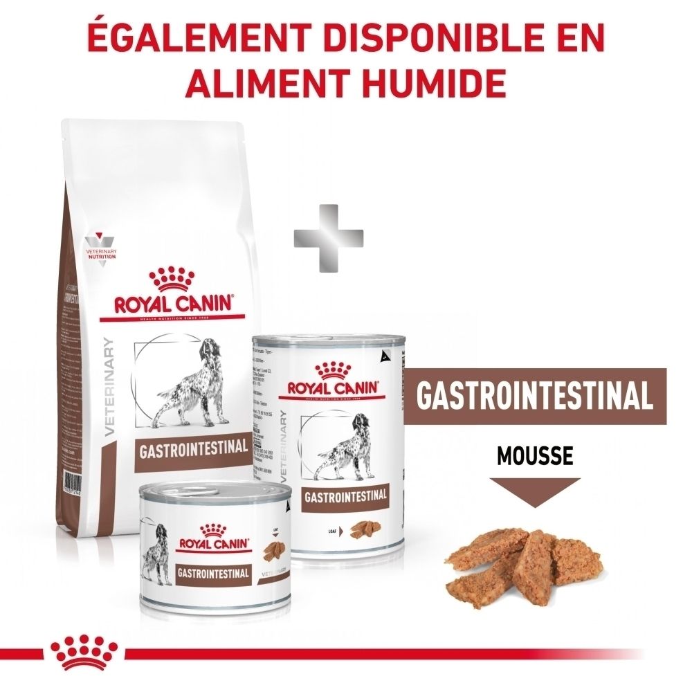 Constituants analytiques et ingrédients de la nourriture Royal Canin Gastrointestinal pour chiens.