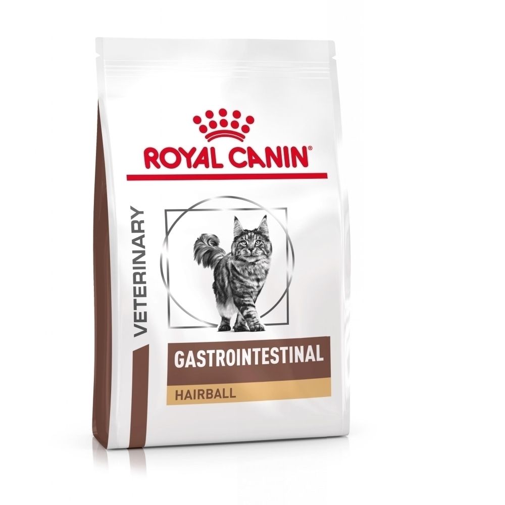 Sac de croquettes Royal Canin VET-C GI Hairball 4kg avec un chat.