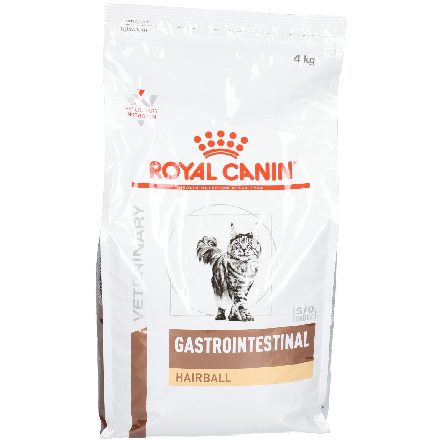 Nourriture pour chat Royal Canin VET-C GI Hairball 4kg. Sac blanc avec image de chat et informations produit.