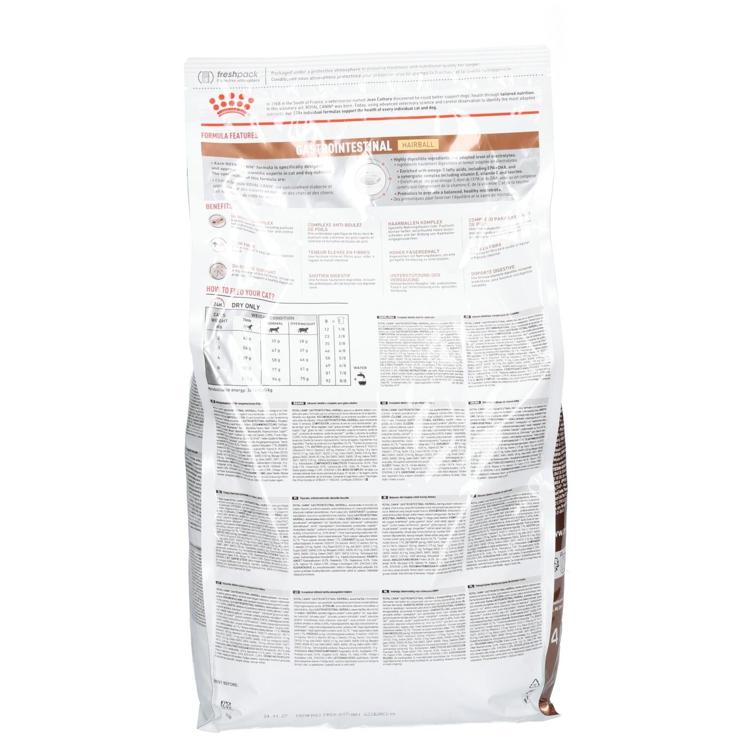 Arrière du sac de nourriture pour chat Royal Canin VET-C GI Hairball 4kg avec informations détaillées sur le produit et valeurs nutritionnelles.