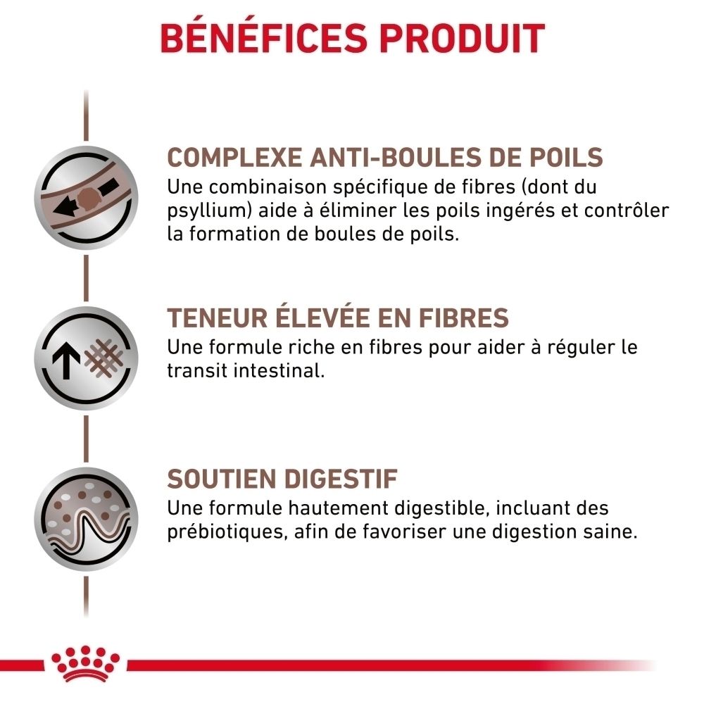 Royal Canin: Avantages produit pour chats: Complexe anti-boules de poils, teneur élevée en fibres, soutien digestif.