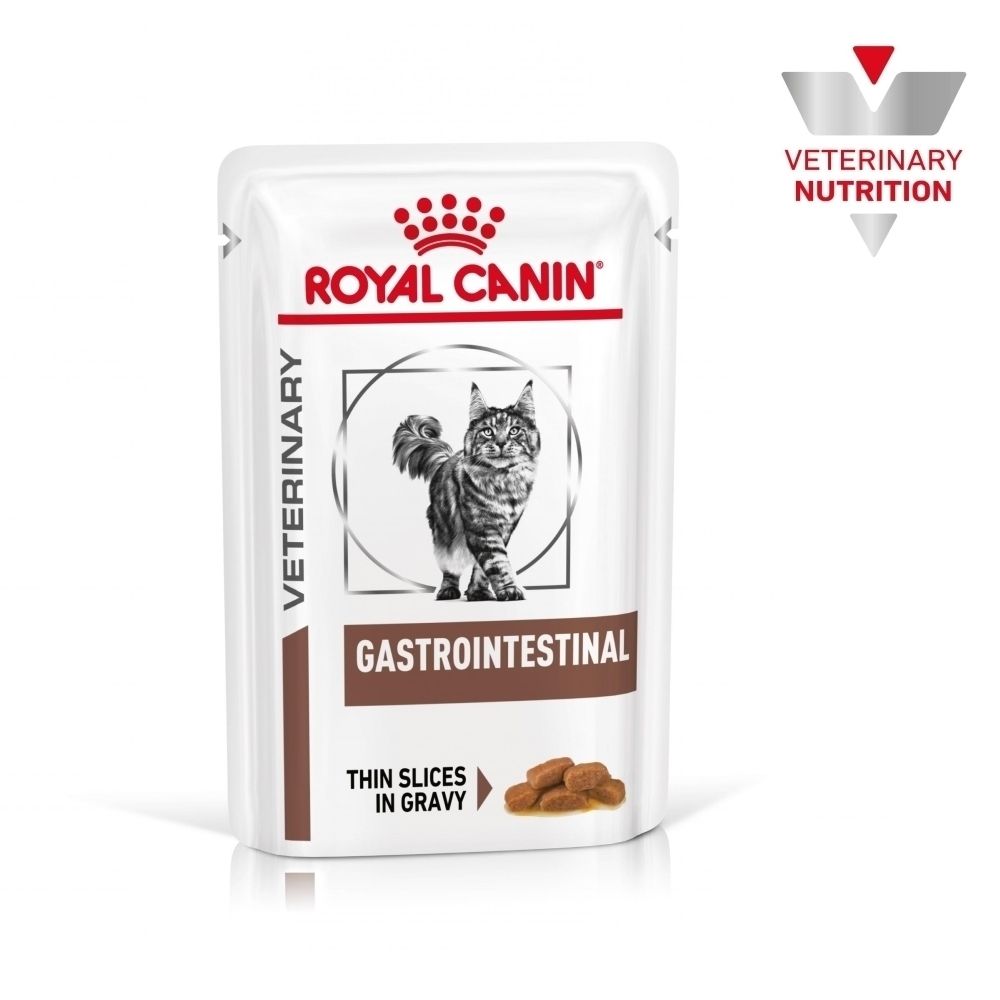 Sachet Royal Canin Veterinary Gastrointestinal avec image de chat et informations produit.