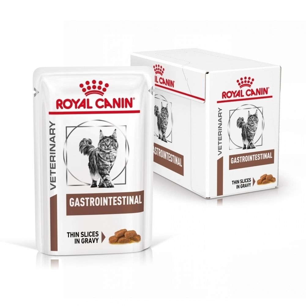 Sachet et boîte Royal Canin Veterinary Gastrointestinal avec image de chat.