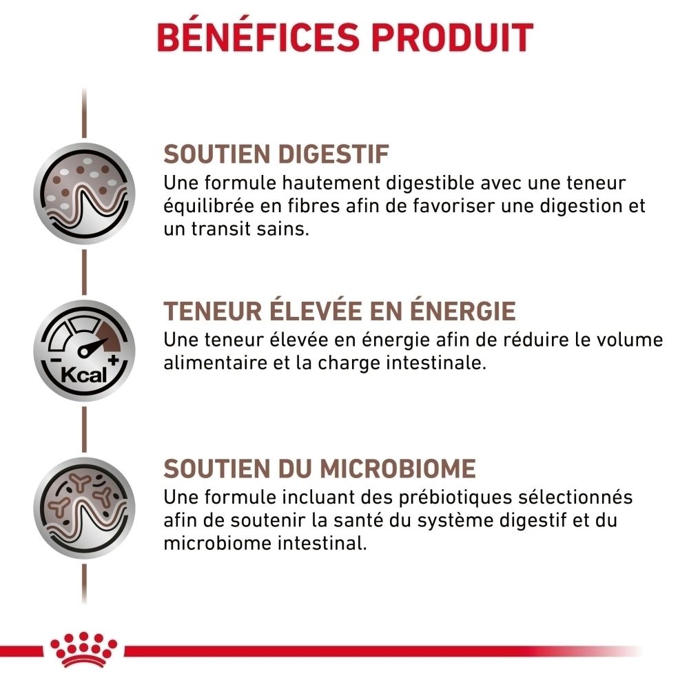 Avantages produit Royal Canin Veterinary Gastrointestinal en français.