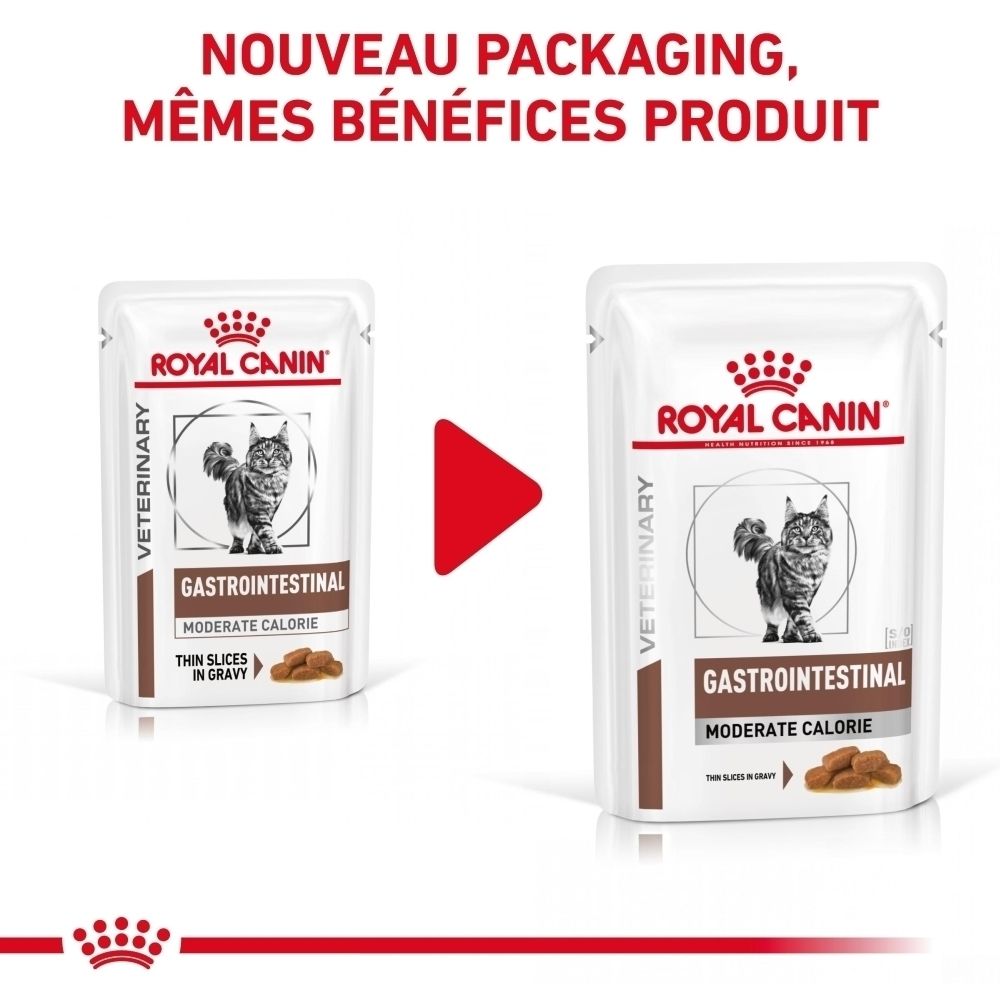 ROYAL CANIN® VETERINARY GASTROINTESTINAL MODERATE CALORIE : Informations produit et tableau alimentaire.