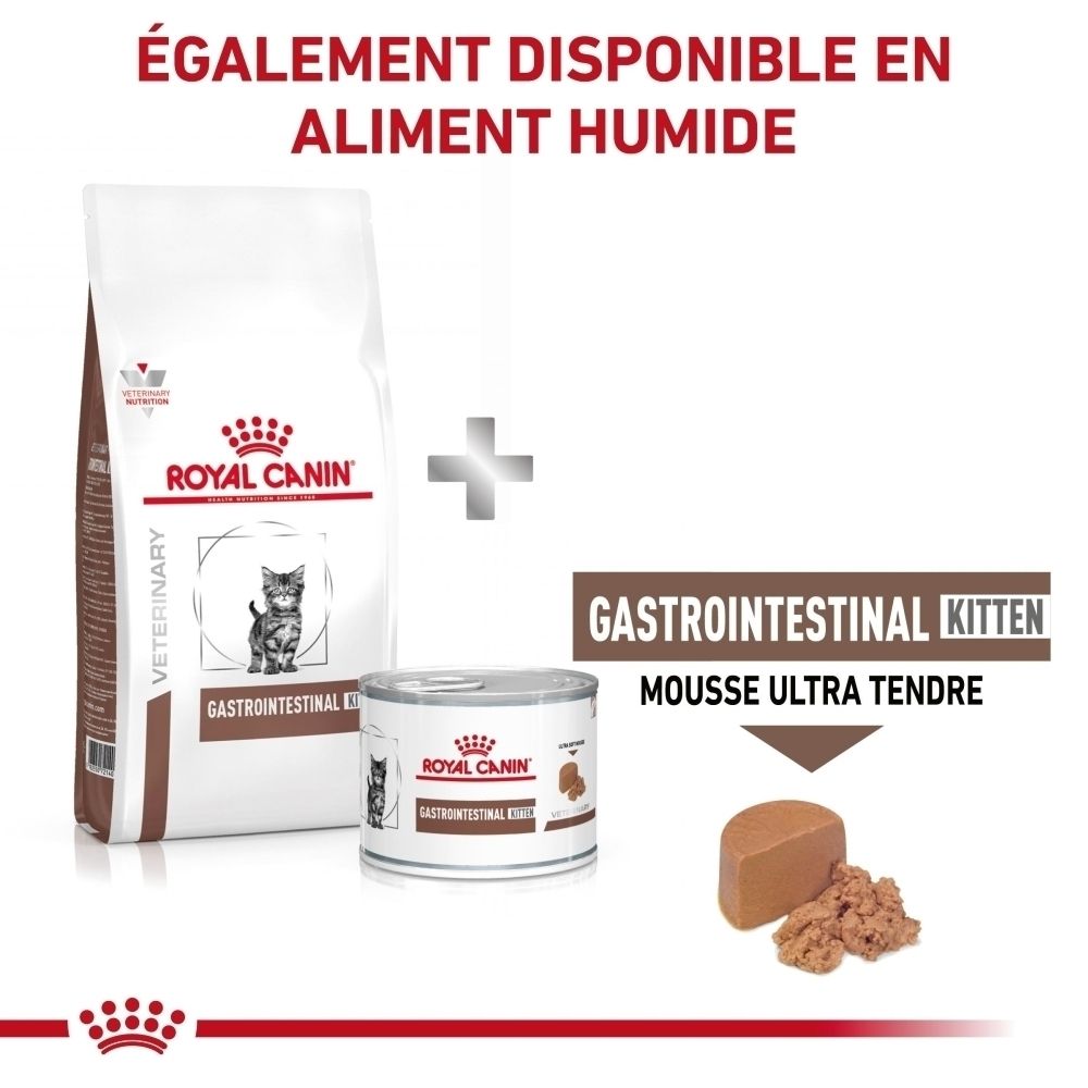 Boîte de nourriture humide et sac de croquettes Royal Canin Gastrointestinal Kitten.