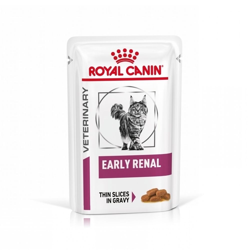 Sachet Royal Canin Early Renal pour chats, 85g. Image de chat et informations produit.