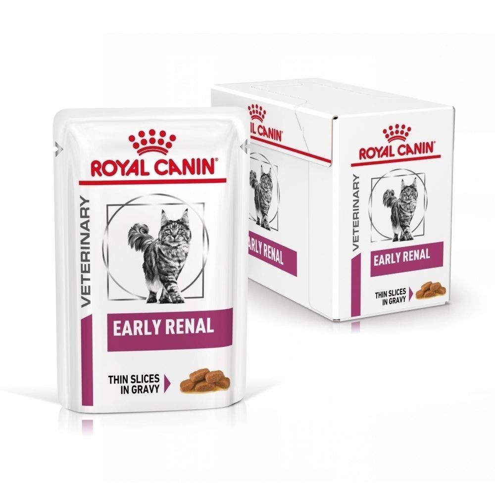 Sachet Royal Canin Early Renal pour chats, 85g. Image de chat et informations produit.