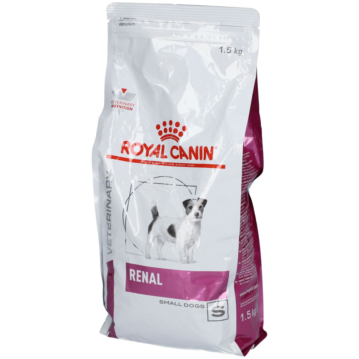 Sac Royal Canin Renal Small Dogs. Blanc, logo, chien et texte. 1,5 kg.
