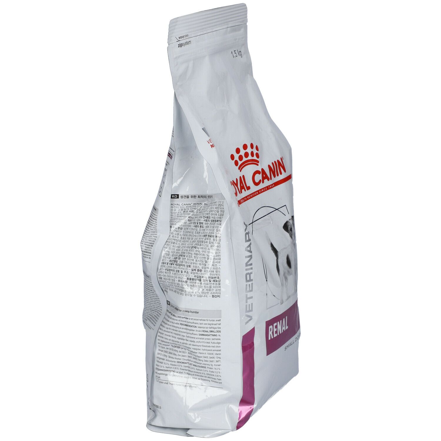 Vue latérale du sac Royal Canin Renal Small Dogs. Blanc, avec logo et texte.