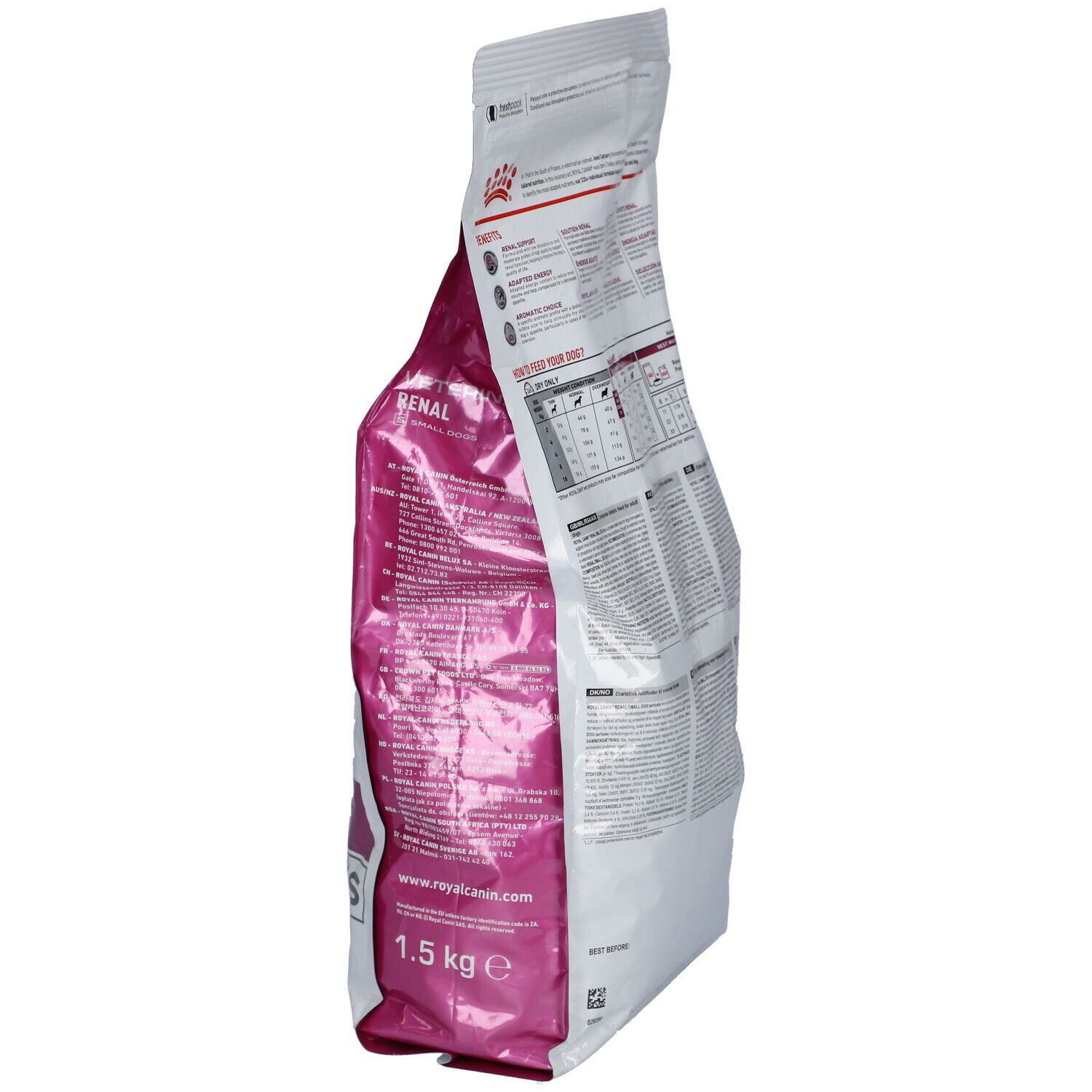 Vue latérale du sac Royal Canin Renal Small Dogs. Blanc, avec texte et graphiques.
