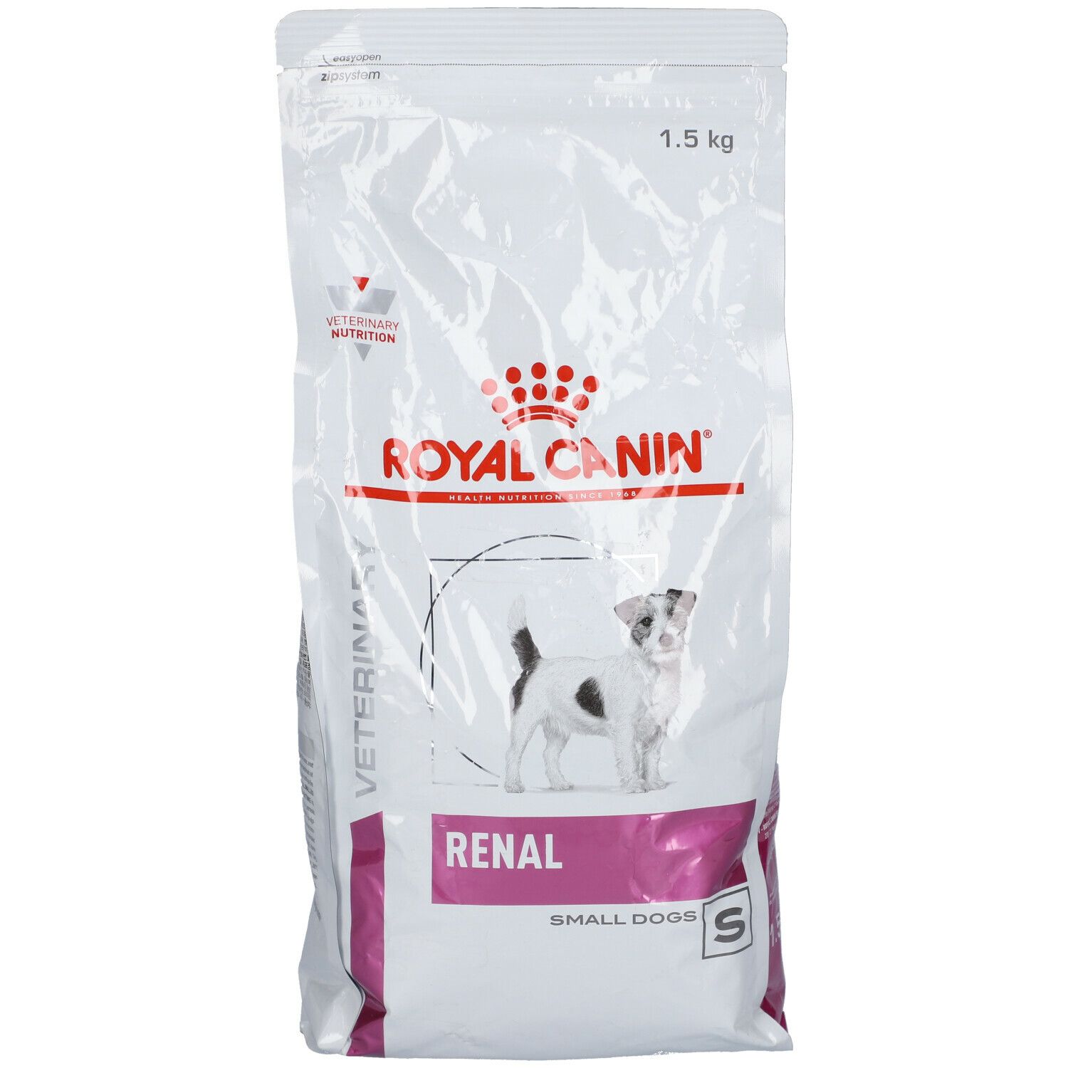 Sac Royal Canin Renal Small Dogs. Blanc, logo, chien et texte. 1,5 kg.