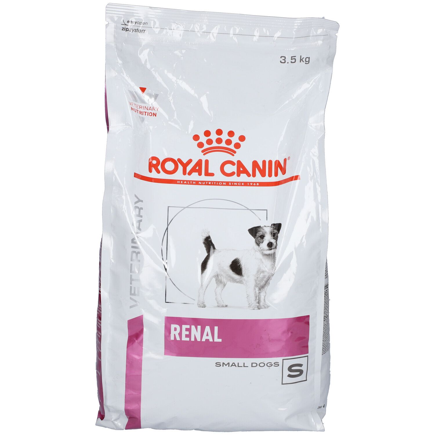 Sac Royal Canin Veterinary Renal Small Dogs. Blanc, logo, nom du produit et image de chien. 3,5 kg.