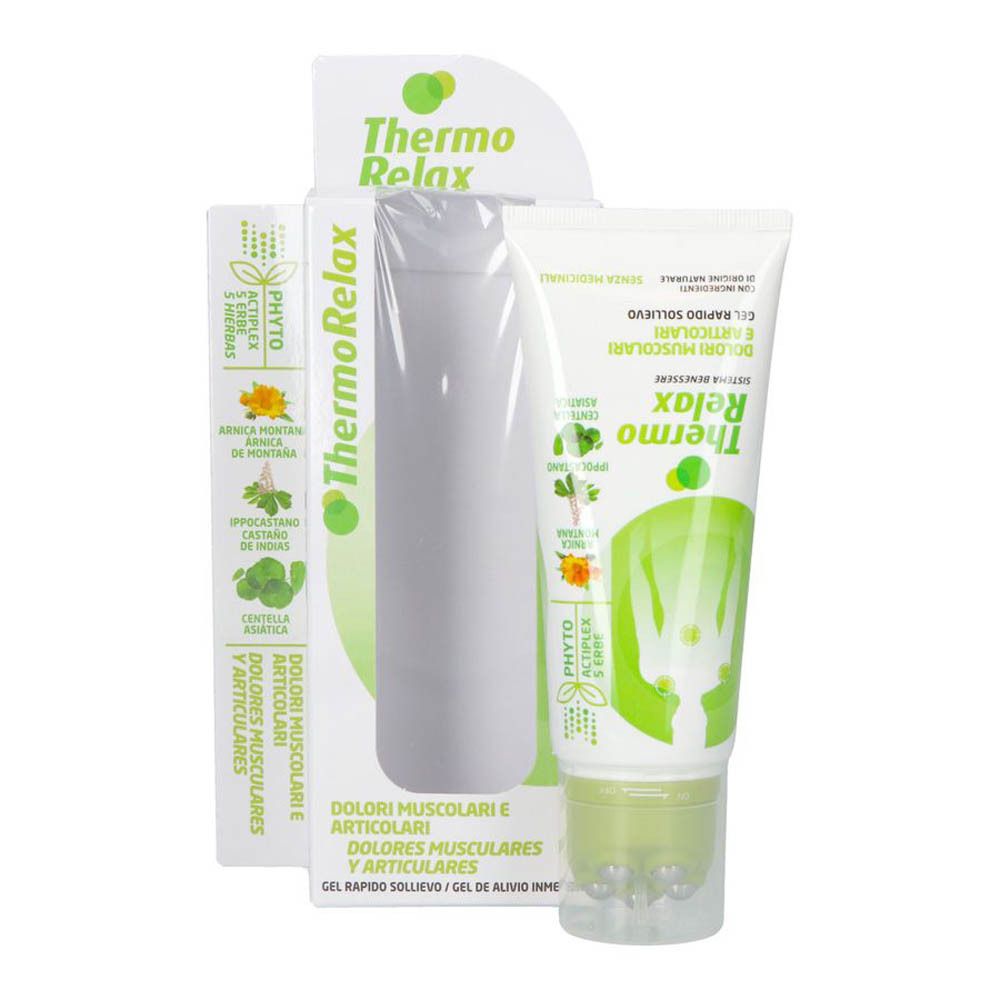 Gel Thermo Relax et emballage. Tube avec applicateur vert. Design vert et blanc. Texte : Dolori Muscolari e Articolari.
