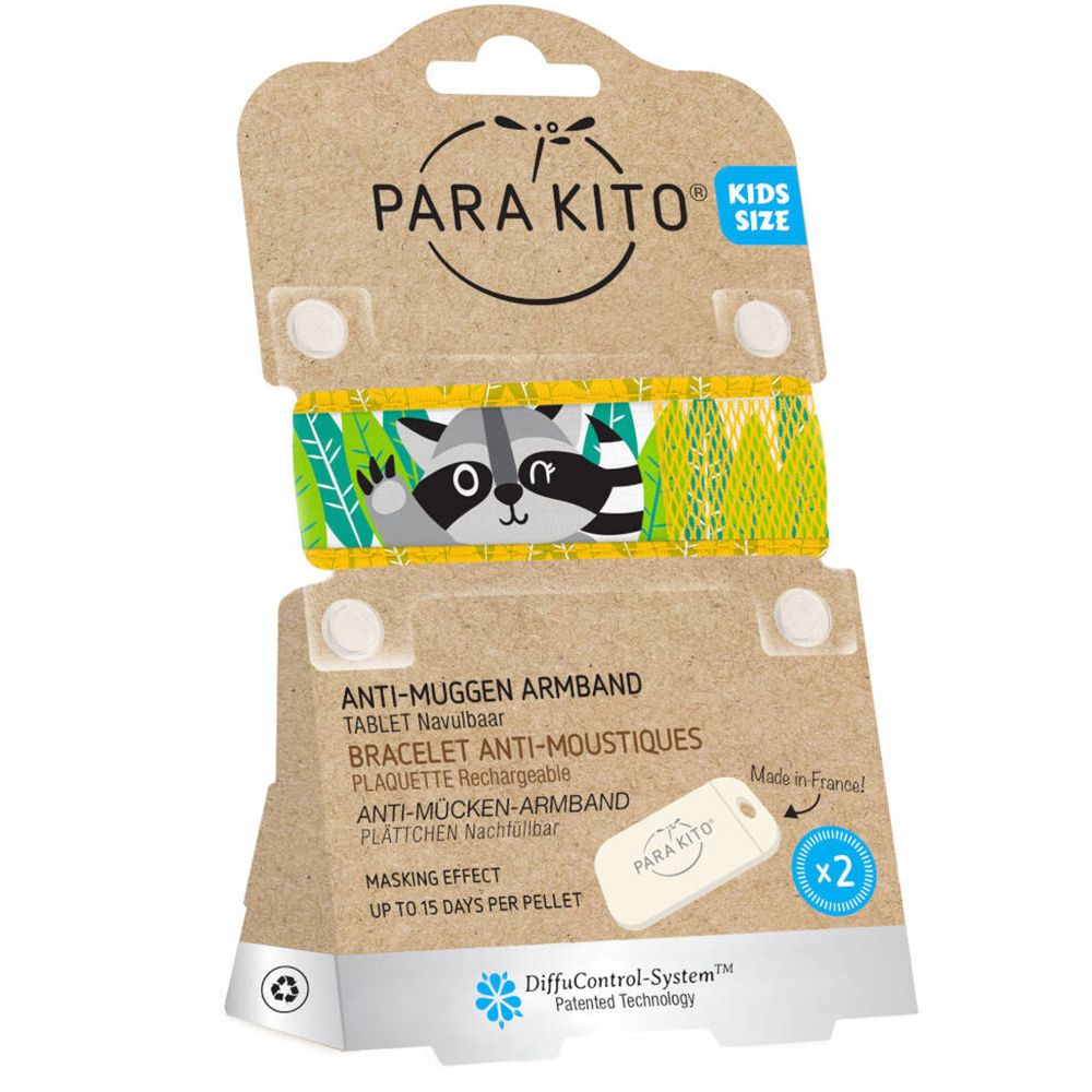 Bracelet anti-moustique pour enfants, motif raton laveur, emballage. Marque Para'Kito. 2 recharges incluses.