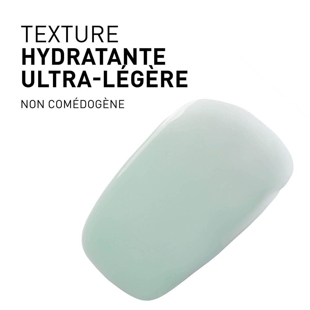 Illustration de texture. Liquide vert clair. Texte: Hydratant, ultra-léger, non comédogène.