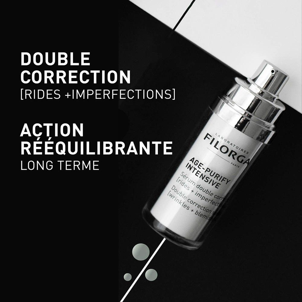 Flacon FILORGA Age-Purify Intense Serum. Texte: Double correction, Action rééquilibrante long terme.