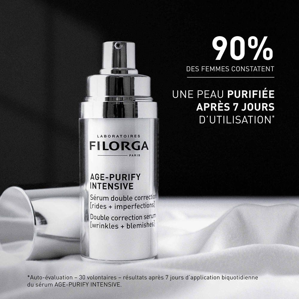 Flacon FILORGA Age-Purify Intense Serum. Texte: 90% des femmes constatent une peau purifiée après 7 jours.