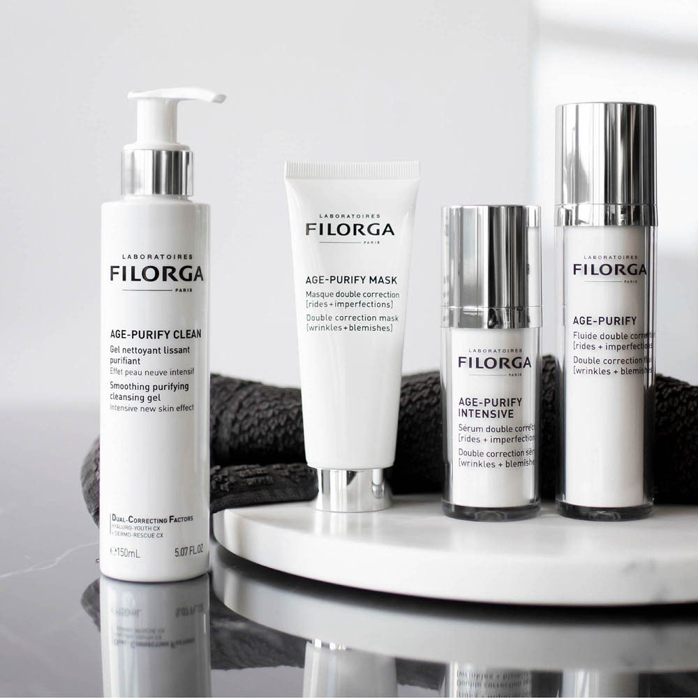 Divers produits FILORGA. Age-Purify Clean, Age-Purify Mask, Age-Purify Intense Serum.