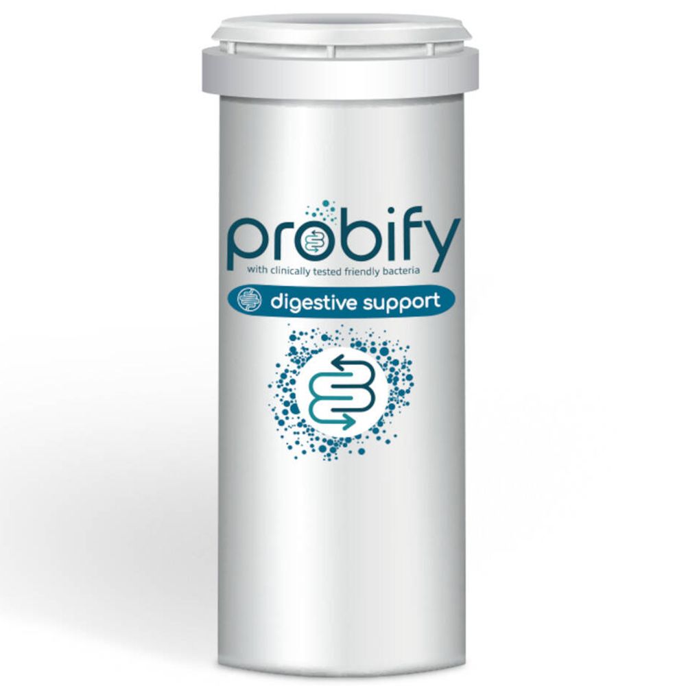 Flacon cylindrique blanc avec logo bleu « Probify Digestive Support ». Couvercle blanc sur le dessus.