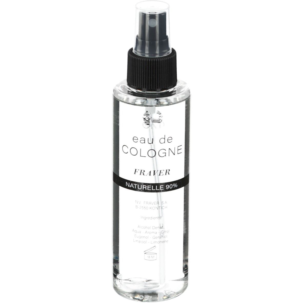 Eau de Cologne Fraver Naturelle 90% dans un flacon pulvérisateur avec bouchon noir.