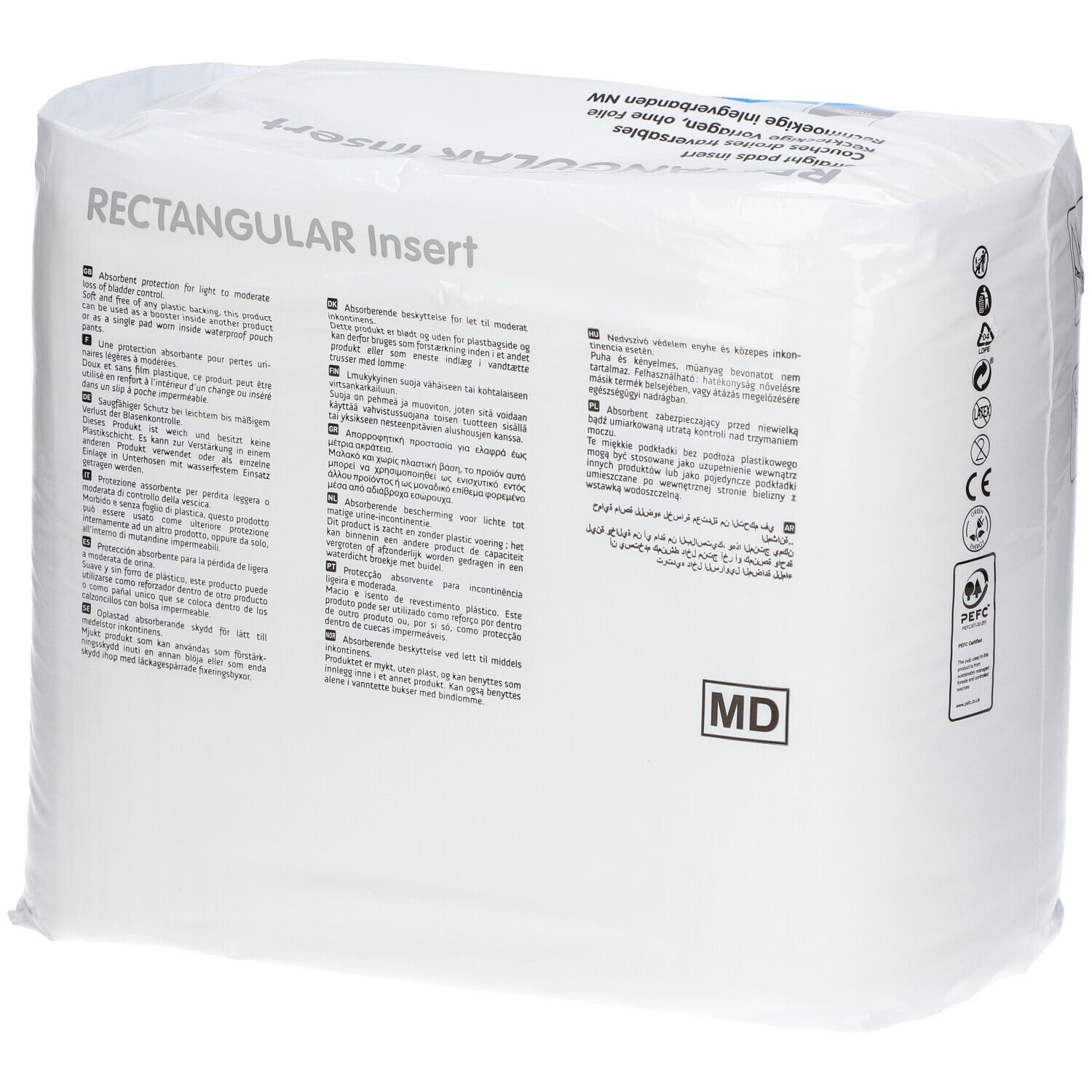 Paquet de protections rectangulaires. Texte multilingue. Inscription: RECTANGULAR Insert. Marque MD.