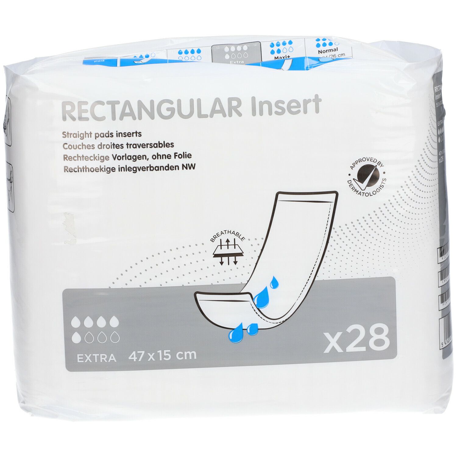 Paquet de protections rectangulaires. Inscription: RECTANGULAR Insert, EXTRA 47x15 cm. 28 pièces. Testé dermatologiquement.