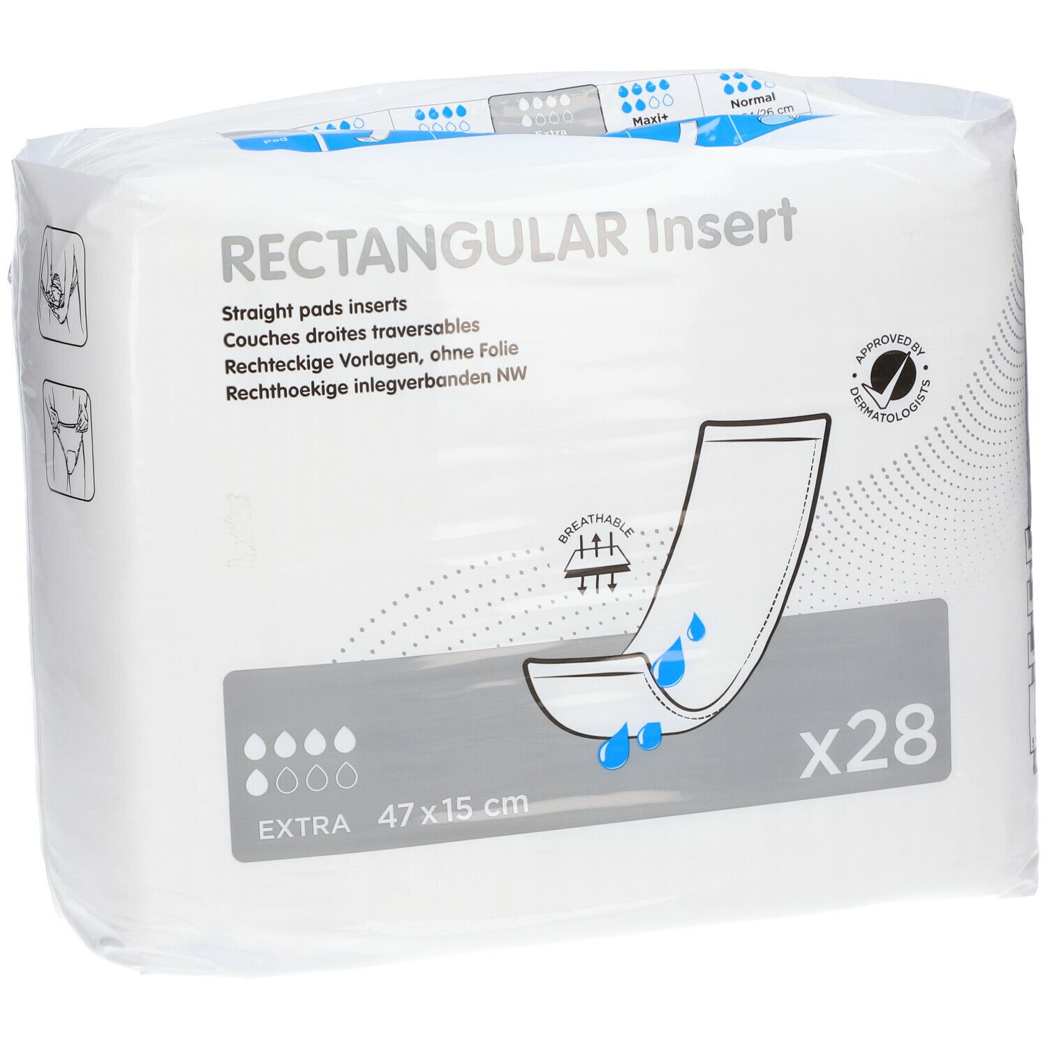 Paquet de protections rectangulaires. Inscription: RECTANGULAR Insert, EXTRA 47x15 cm. 28 pièces. Testé dermatologiquement.