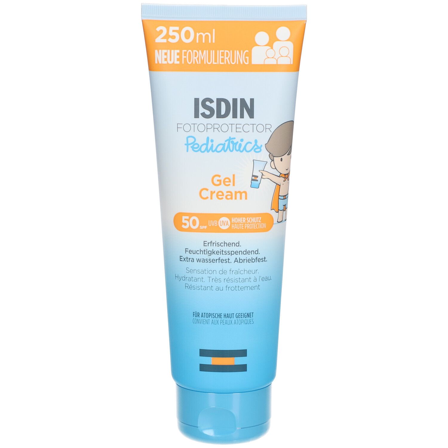Tube de crème en gel ISDIN Fotoprotector Pediatrics SPF50+. Bouchon orange, corps bleu clair. Texte: 250ml, Nouvelle formule, Pediatrics, Gel Cream.
