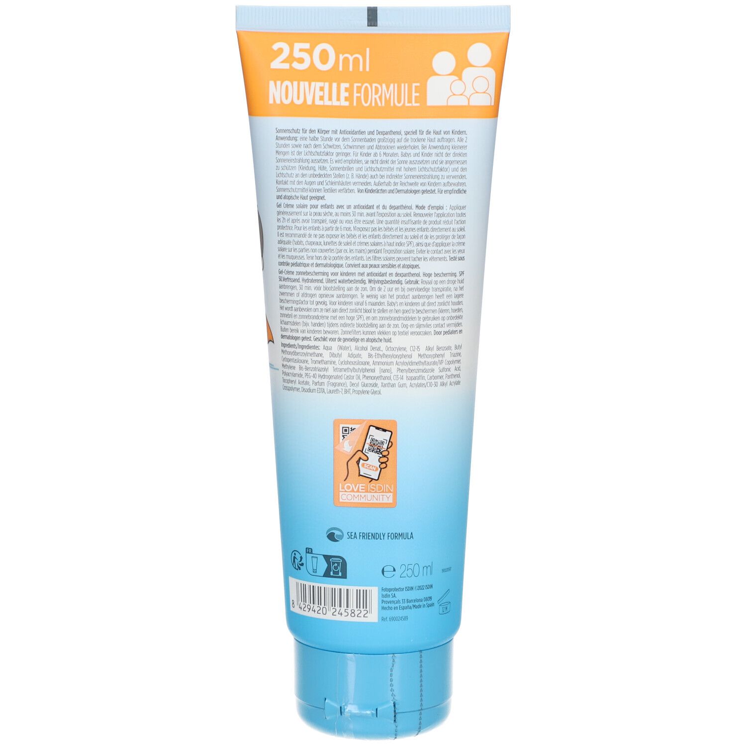 Dos du tube ISDIN Fotoprotector Pediatrics. Texte: Nouvelle Formule, Sea Friendly Formula. Code QR et code-barres.