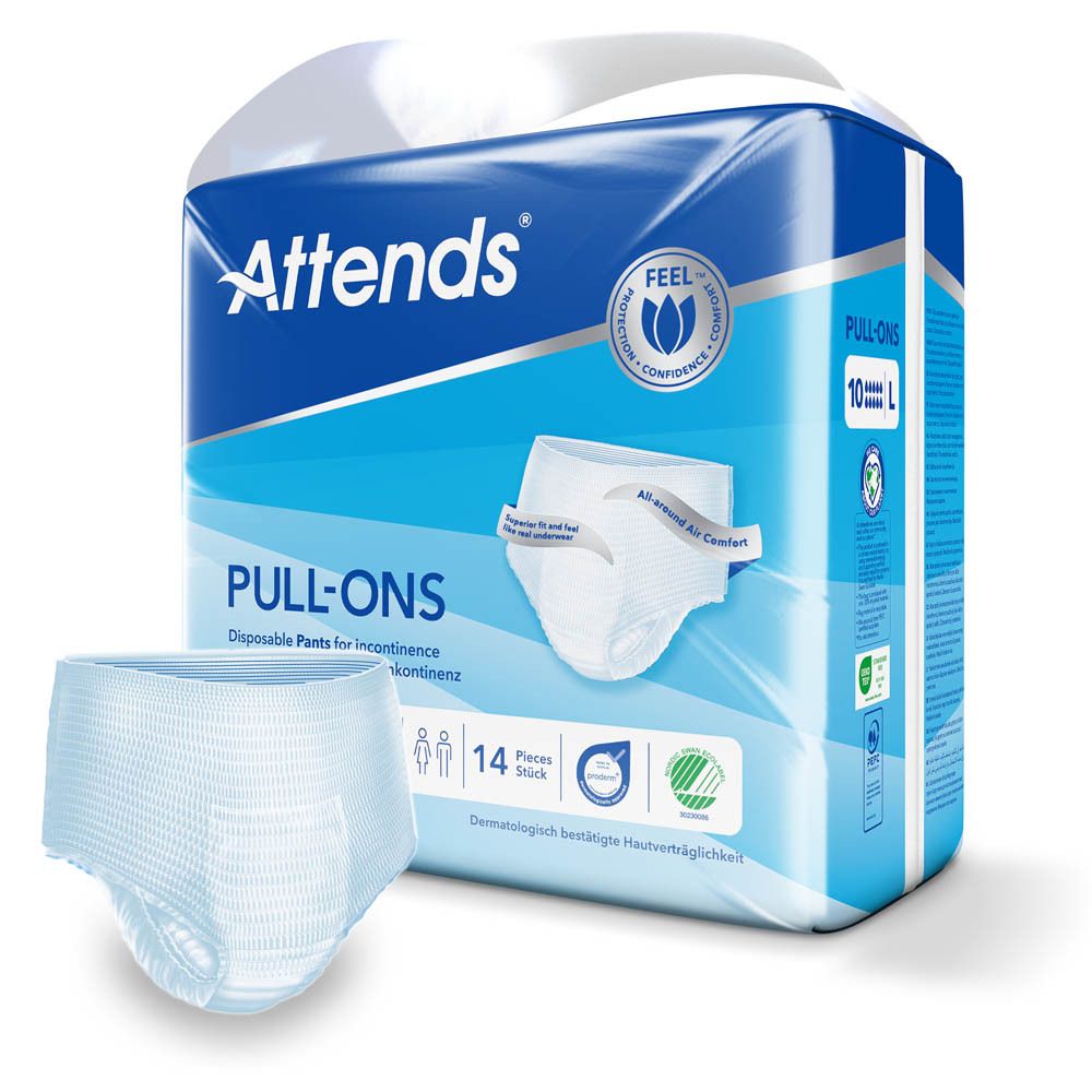 Attends Pull-Ons, sous-vêtements jetables pour incontinence, taille L, 14 pièces. Emballage avec image du produit et logo.