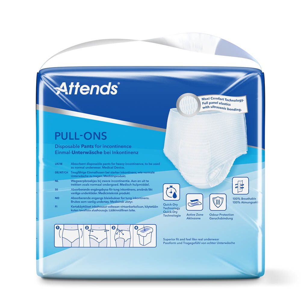 Attends Pull-Ons, sous-vêtements jetables pour incontinence, taille L. Emballage avec image du produit et logo.