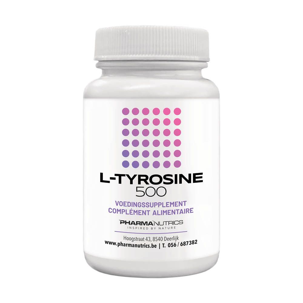Flacon blanc L-Tyrosine 500. Points violets et roses. Logo PharmaNutrics. Voedingssupplement. Complément alimentaire.