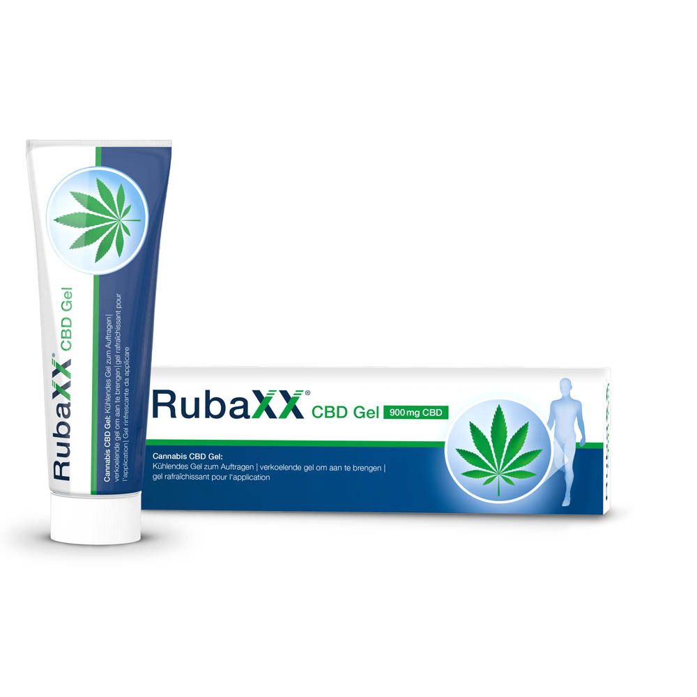 Tube et boîte RubaXX CBD Gel. Tube et boîte avec logo feuille de cannabis. Texte: 900mg CBD.