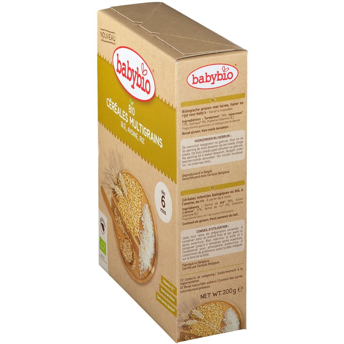 Boîte babybio® Bio Céréales Multigrains 6 mois. Textes en français. Label bio. Contient blé, avoine, riz.