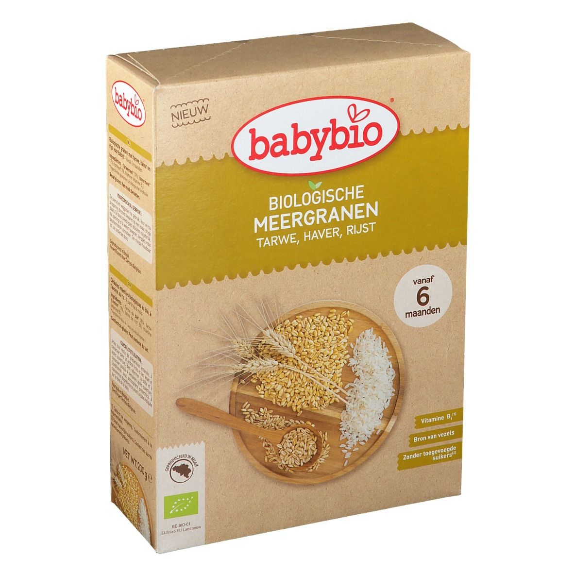 Boîte babybio® Bio Céréales Multigrains 6 mois. Textes en néerlandais. Label bio. Contient blé, avoine, riz.