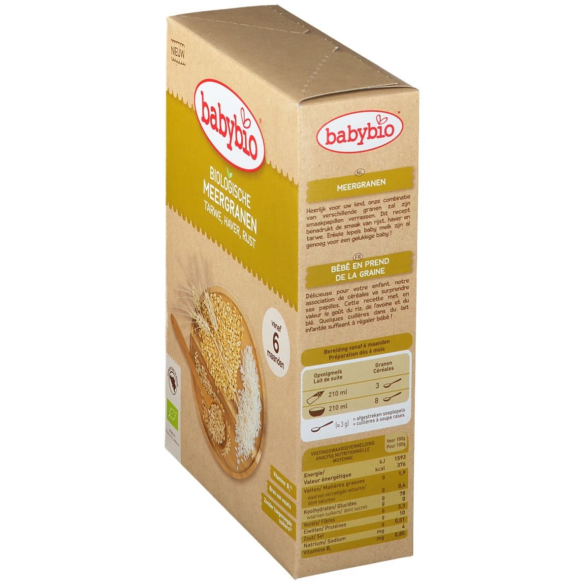 Boîte babybio® Bio Céréales Multigrains 6 mois. Textes en néerlandais et français. Label bio. Contient blé, avoine, riz.