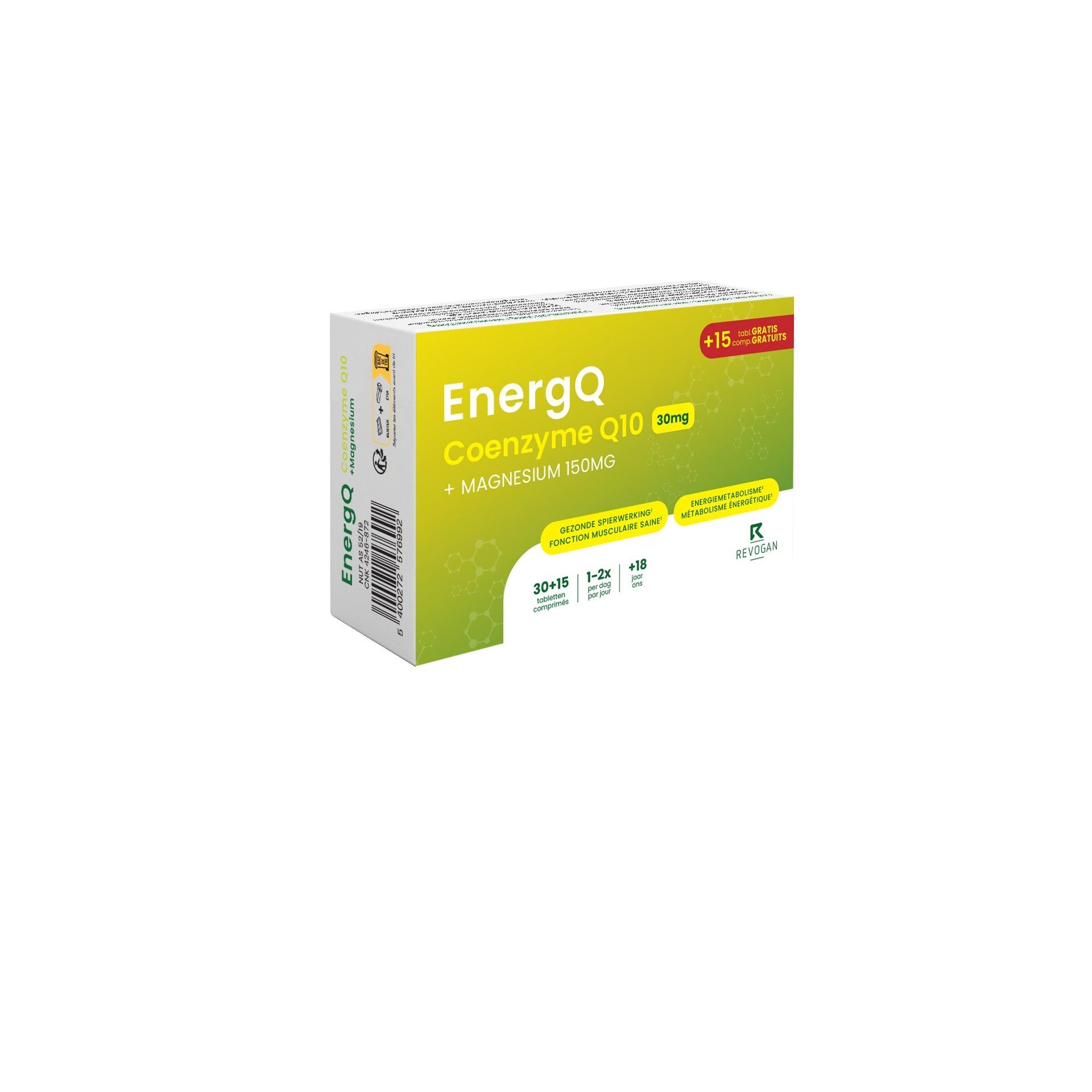 Boîte blanche avec "EnergQ Coenzyme Q10 30mg + Magnésium 150mg". Accents verts et blancs. Texte en allemand et français.