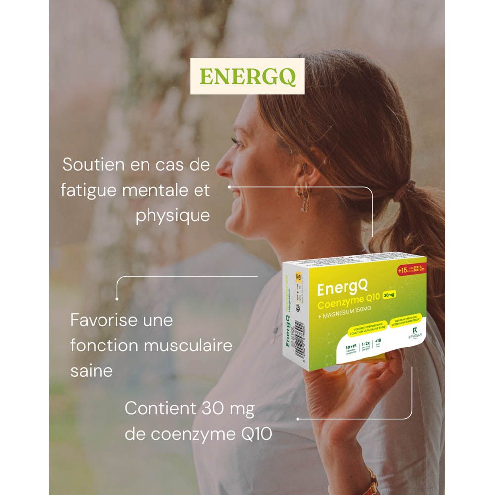 Femme avec boîte EnergQ. Texte: Soutien en cas de fatigue mentale et physique. Favorise une fonction musculaire saine.