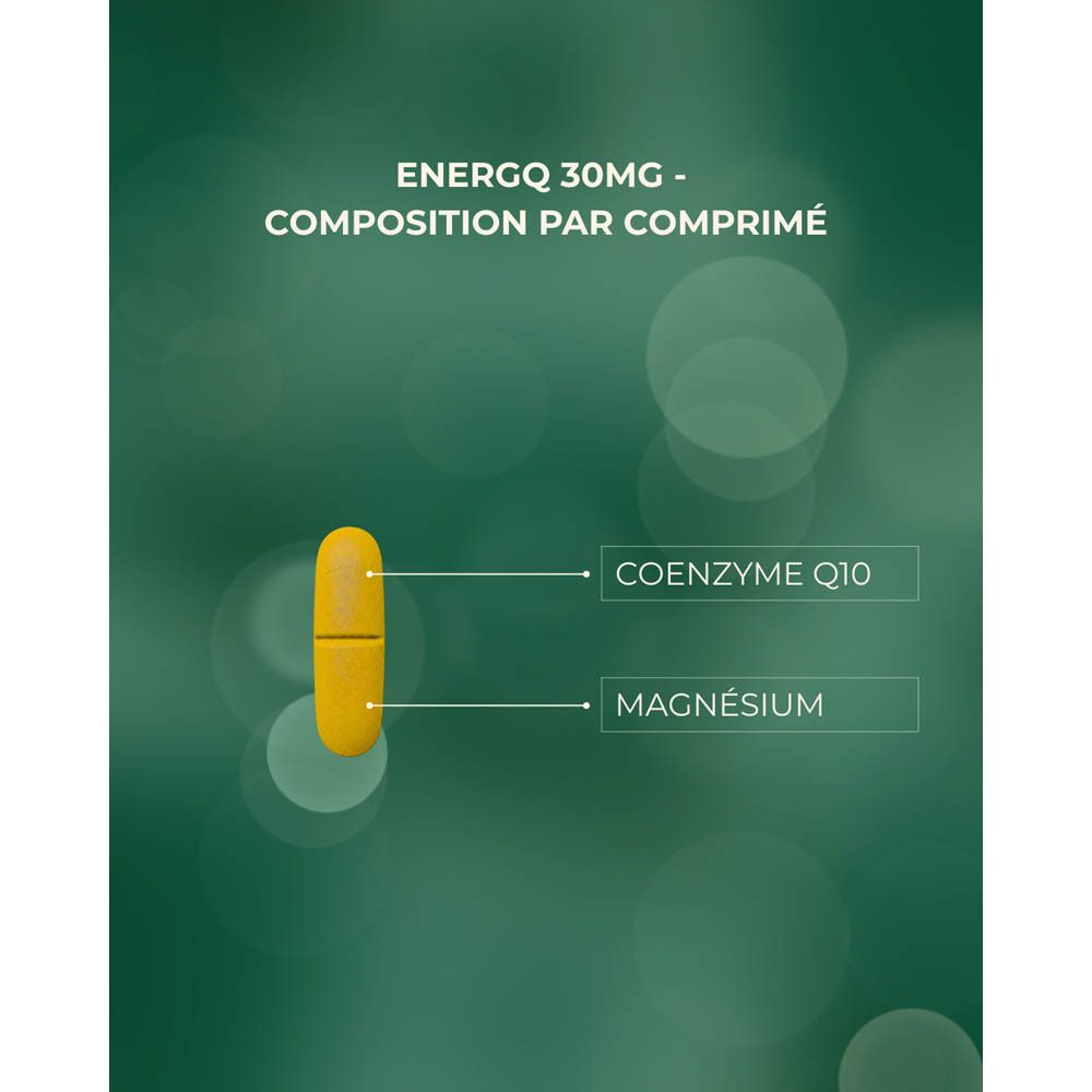 Graphique: Gélule jaune. Texte: Coenzyme Q10 et Magnésium.