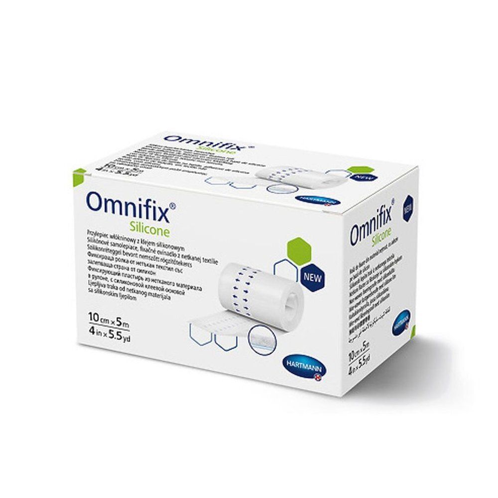 Boîte de Omnifix Silicone. Boîte blanche avec image du produit et texte. Dimensions : 10 cm x 5 m.