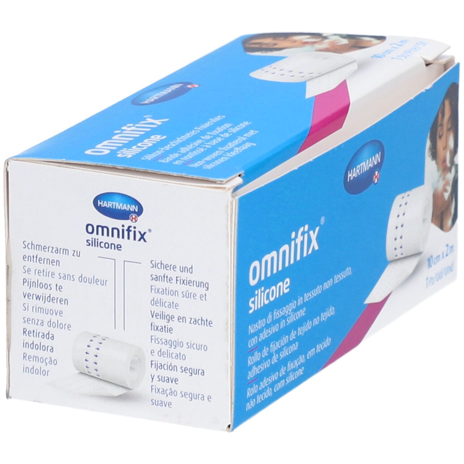Emballage Hartmann Omnifix® Silicone. Rouleau visible. Boîte bleue avec nom du produit et texte multilingue.