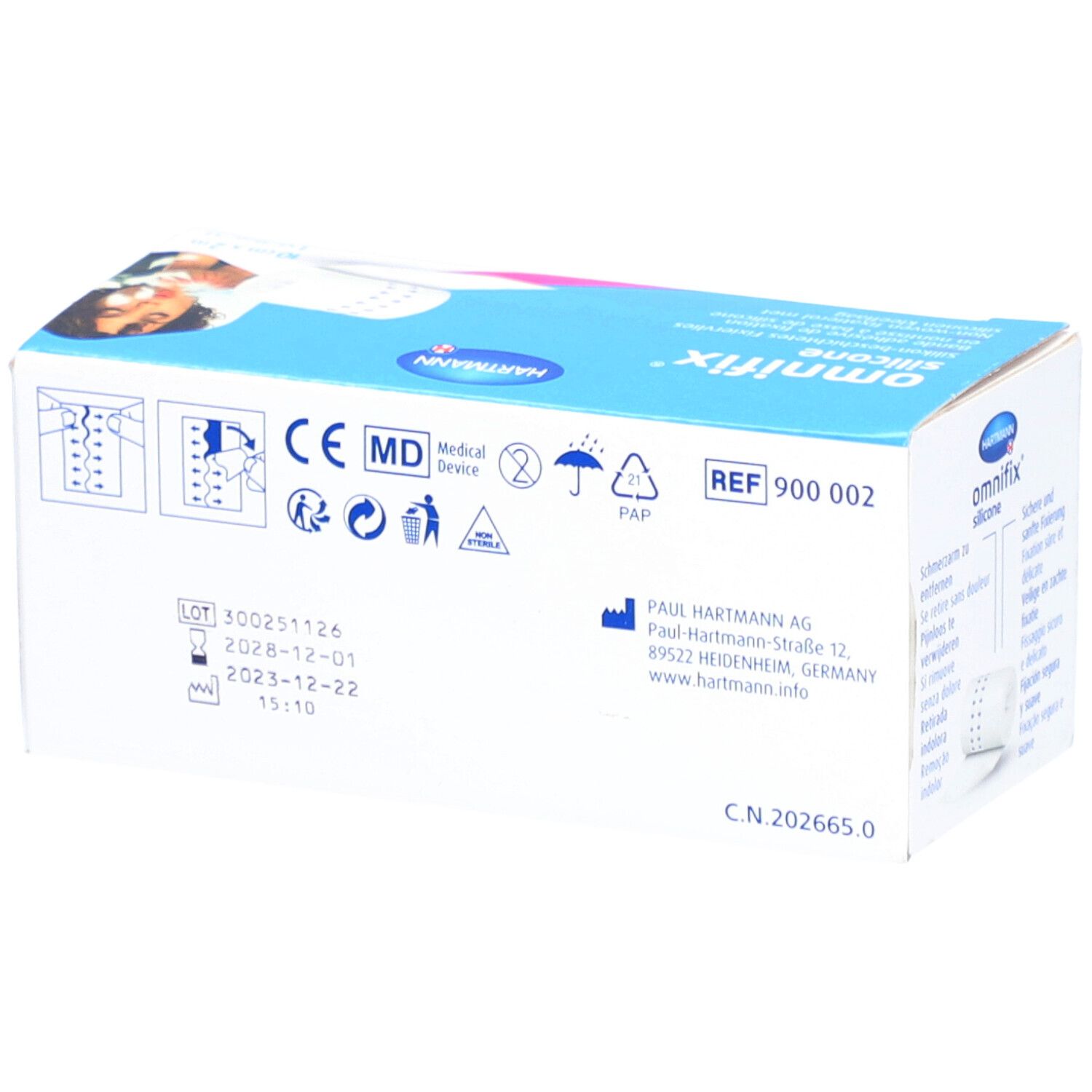Dos de l'emballage Hartmann Omnifix® Silicone. Contient marquage CE, numéro REF et informations fabricant.