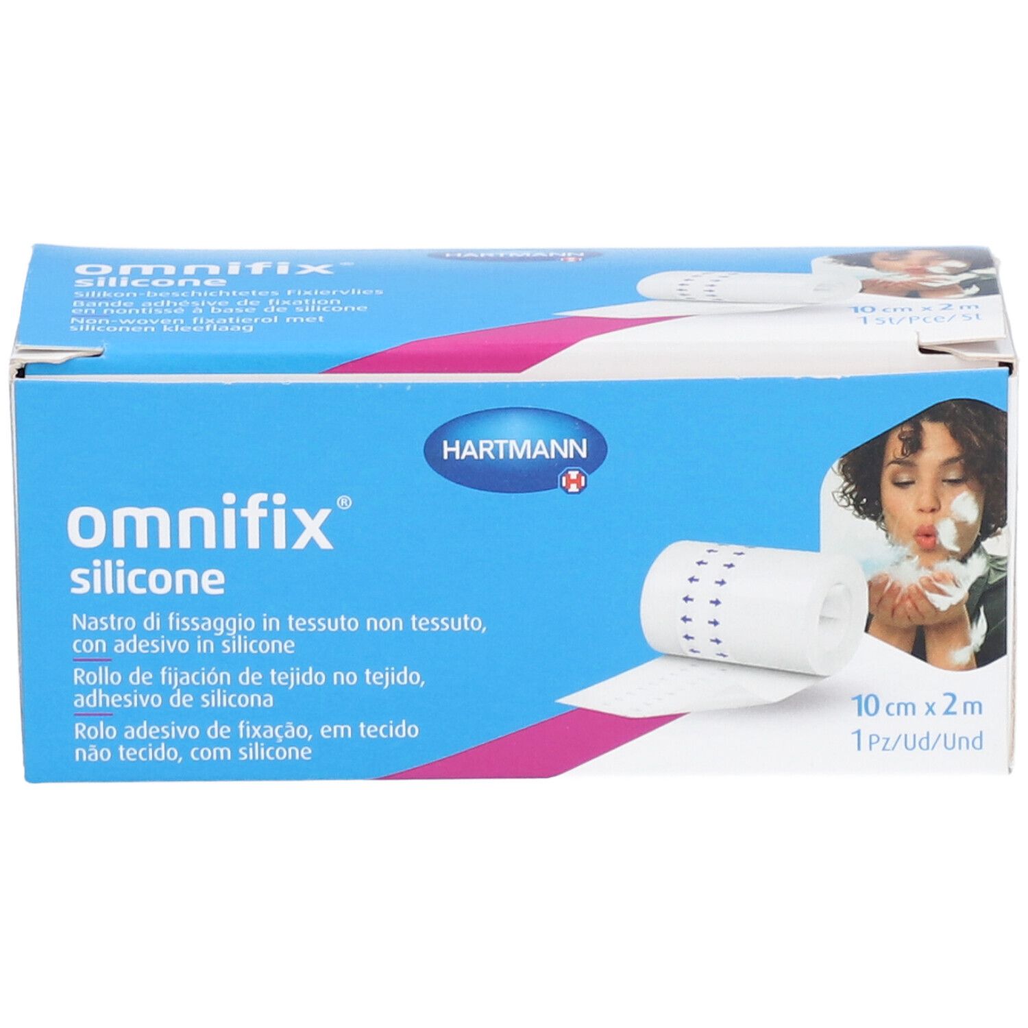 Emballage Hartmann Omnifix® Silicone. Rouleau 10 cm x 2 m. Boîte bleue avec nom du produit et femme soufflant des plumes.
